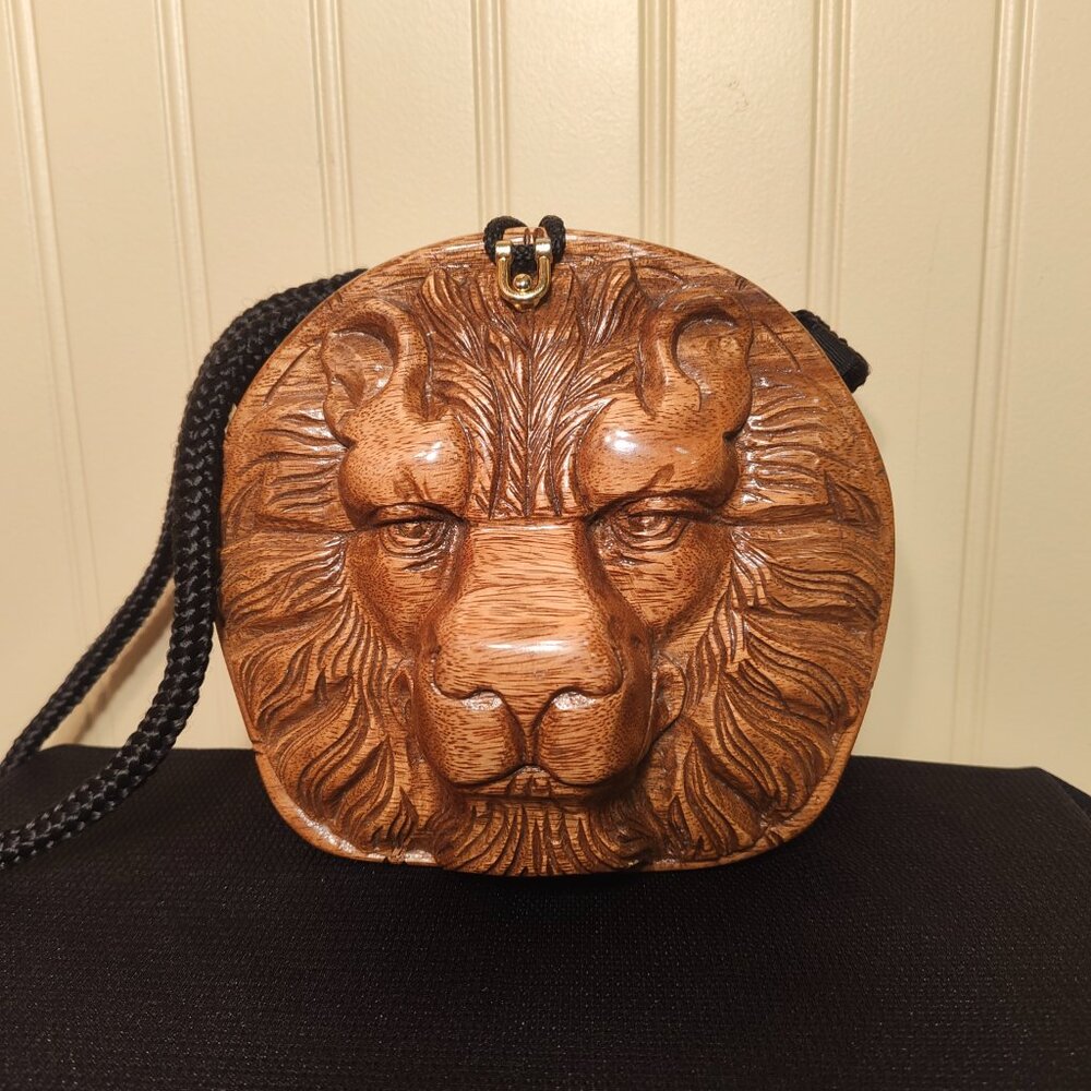 Vintage Hand-Carved Acacia Wood Lion Head Shoulder Bag from Timmy Woods Collecti - Picture 2 of 10